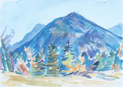 tableau représentant une montagne avec des arbres au premier plan et un ciel bleu en arrière-plan