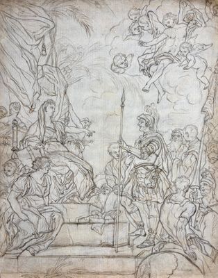 a drawing of a scene with a man on a horse and a woman on a horse
