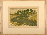 tableau représentant des moutons paissant dans un champ d'herbe, avec des arbres en arrière-plan
