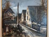 une peinture représentant une scène de rue avec des maisons et un poteau téléphonique