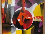 peinture abstraite représentant un vase rouge sur fond noir et jaune