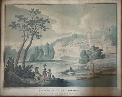 painting of a view of a castle and a body of water with people in it