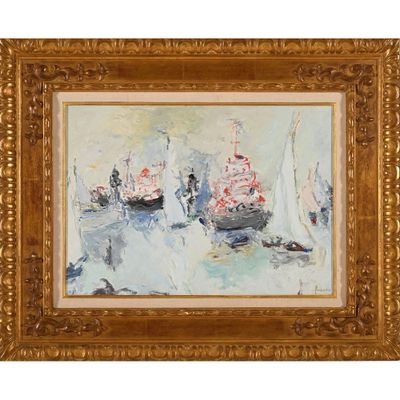 a painting of boats in a harbor with a gold frame