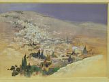 painting of a view of a town in the desert with a mountain in the background