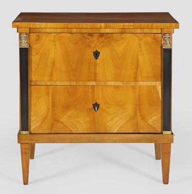 a wooden chest of drawers with two drawers on one side and a drawer on the other side