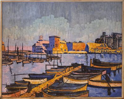 a painting of a harbor scene with boats in the water