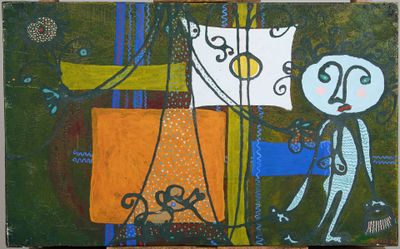 a painting of a man and a cat on a table