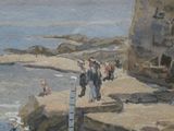 un tableau représentant des personnes se promenant sur la plage avec des parasols