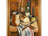 tableau représentant une nature morte avec du pain, du vin et un couteau