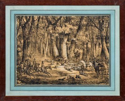un tableau représentant une scène boisée avec, au premier plan, un homme à cheval