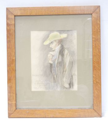 framed drawing of a man in a hat and coat holding a cigarette