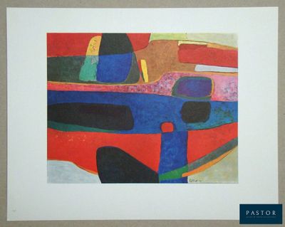 peinture abstraite représentant une voiture rouge avec des rayures bleues, jaunes et rouges