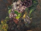 tableau représentant une nature morte avec des raisins et des bouches d'incendie dans un vase