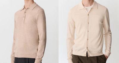 deux photos d'un homme portant un gilet beige et d'un homme portant une chemise beige