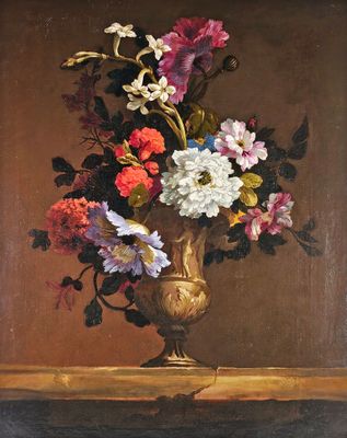tableau représentant un vase de fleurs posé sur une table, sur fond marron