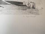 pencil drawing of a boat in a body of water with a lighthouse in the background