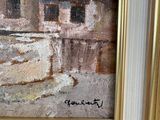 an image of a painting of a house with a boat in the water
