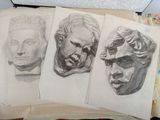 three sketches of a man ' s head and a woman ' s face