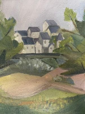 une image d'une peinture représentant une maison sur une colline