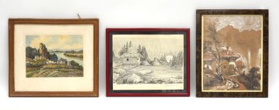 three framed pictures on the wall of a room