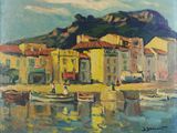 une peinture à l'huile représentant des bateaux dans un port, avec une montagne en arrière-plan