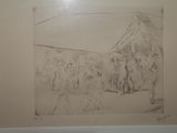 drawing of a group of people standing in front of a building