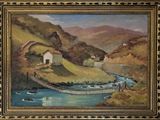 une peinture à l'huile représentant un pont enjambant une rivière dans un paysage montagneux