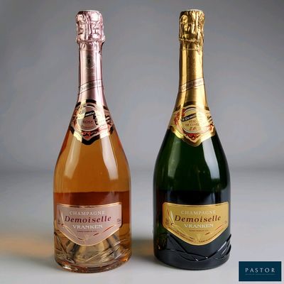 two bottles of champagne sitting next to each other on a table
