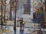 a painting of a man and a woman walking down the street