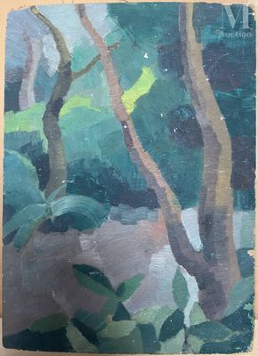 peinture à l'huile d'une scène de forêt avec des arbres au premier plan