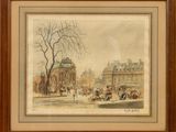 an image of a painting of a street scene with a horse drawn carriage