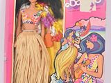 une image représentant une poupée Barbie dans une boîte rose, vêtue d'une jupe de hula