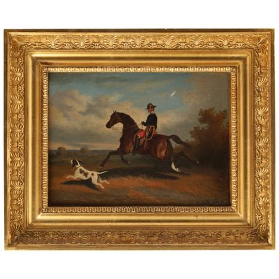 un tableau représentant un homme à cheval, poursuivi par un chien