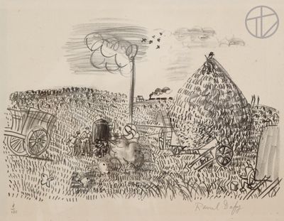 drawing of a farm scene with a tractor, hay bale and a wagon