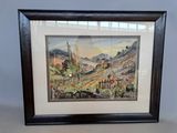 tableau encadré représentant un paysage de montagne avec un train