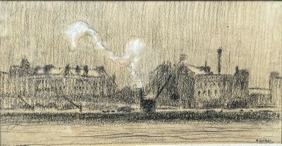 drawing of a factory with smoke coming out of it ' s stacks