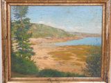 an oil painting of a landscape with a lake in the foreground