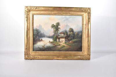 une image d'une photo d'un tableau représentant une maison au bord d'un lac