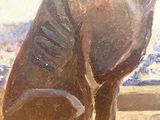 an oil painting of a brown bear sitting on top of a rock