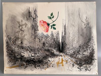 tableau représentant une rue de la ville avec une rose rouge au milieu