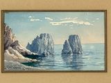 a picture of a painting of rocks in the water