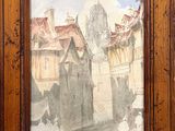an old picture of a painting of a city with a church in the background