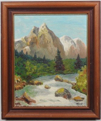 une peinture à l'huile représentant une scène de montagne avec une rivière au premier plan