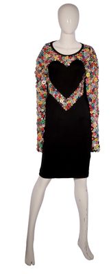 black dress with multi - colored sequins on the shoulders and sleeves