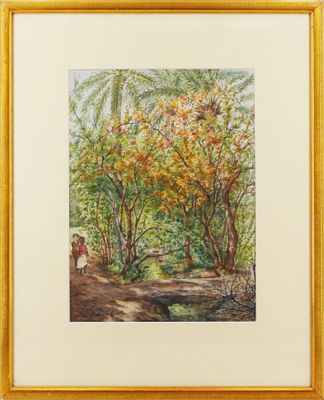 an image of a painting of a couple walking down a path in the woods