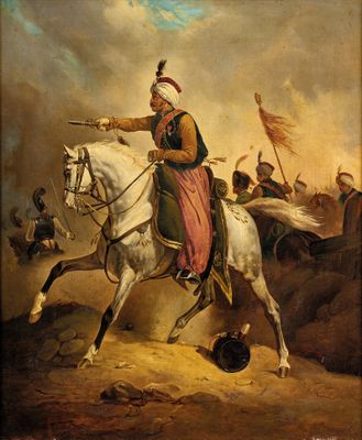 an image of a painting of a man riding on the back of a white horse