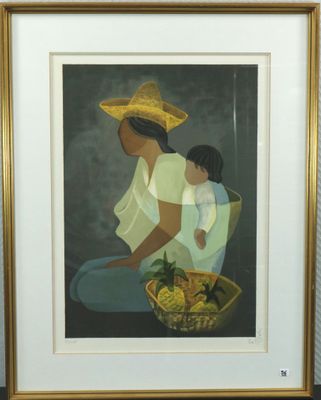 painting of a woman and child sitting on a chair with a basket of fruit in front of them