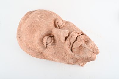 une sculpture en argile représentant le visage d'un homme sur une surface blanche