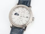 gros plan d'une montre sur une surface blanche avec un bracelet bleu