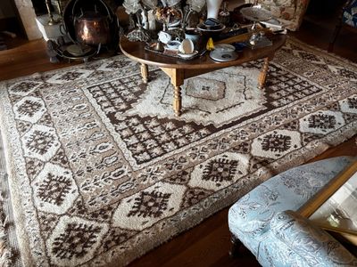 un salon avec une cheminée et un tapis au sol